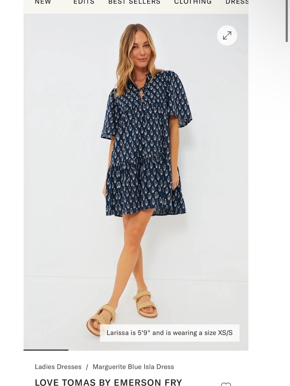 Emerson Fry 100% organic cotton hand block print Isla Dress in Marguerite Blue